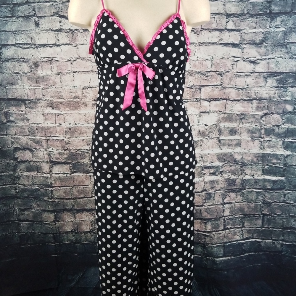 Jennifer Moore Black and White Polka Dot Pajama Set with Pink Accents